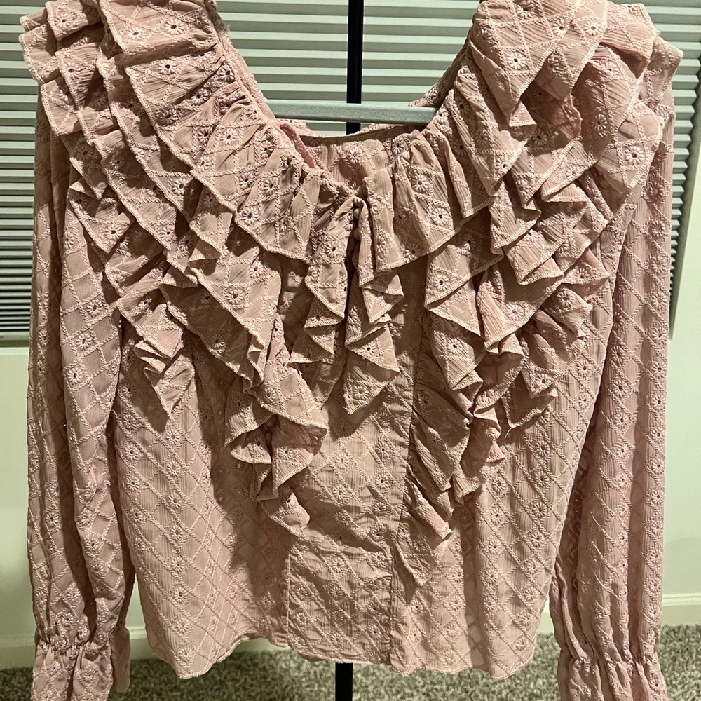 Chicwish Ruffled Lace Blouse in Blush Pink